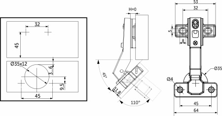 картинка Петля угловая 45° с доводчиком 45мм h0 clip-on AKS от магазина SEFI