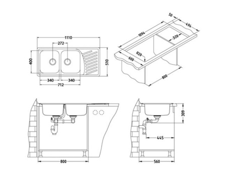 картинка Мойка ELEGANT 70 SAT-90 1110X510 в комплекте с сифоном 1130555, от магазина SEFI