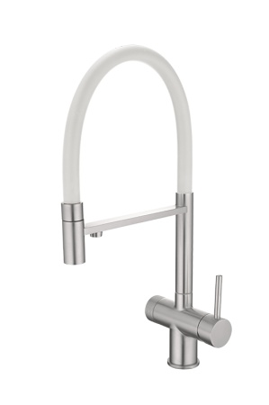 картинка Смеситель для кухонной мойки, с гибким гусаком и подключением фильтрованной воды EMAR EC-7024, цвет сатин c белым шлангом от магазина SEFI