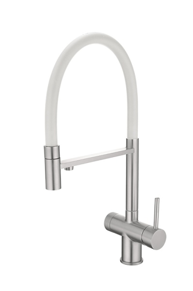 картинка Смеситель для кухонной мойки, с гибким гусаком и подключением фильтрованной воды EMAR EC-7024, цвет сатин c белым шлангом от магазина SEFI