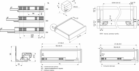 картинка Направляющая скрытого монтажа L-350 push to open ДСП до16mm с замками PRIME by AKS 3D полное выдвижение от магазина SEFI