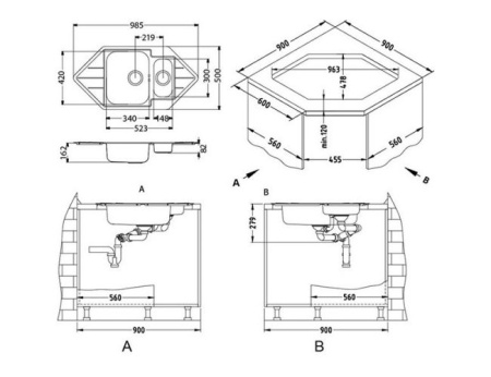 картинка Мойка LINE 40 NAT-90 985X500 угловая в компл. с сифоном 1130555, от магазина SEFI