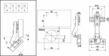 картинка Петля угловая 45° с пружиной 48мм h2 slide-on AKS от магазина SEFI