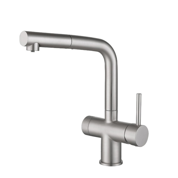 картинка Смеситель для кухонной мойки, с выдвижной лейкой и подключением фильтрованной воды EMAR EC-7026, цвет сатин от магазина SEFI