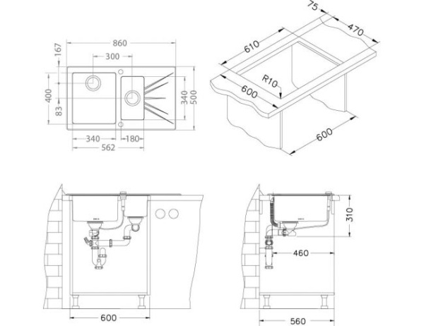 картинка Мойка KARAT 10 черный 860X5001X правая в комплекте с сифоном 1127251 от магазина SEFI