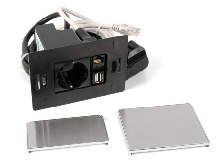 картинка Блок розеток с крышками-шторками: 1 розетка 220В + 1 порт RJ45 + 1 USB-зарядка Type A ASA Plastici VersaPad, нержавеющая сталь (03VI80F5IN) от магазина SEFI