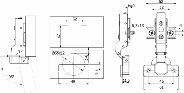 картинка Петля полунакладная с доводчиком 45мм h0 clip-on PRIME by AKS (еврошурупы, заглушки) (упак.-2шт.) от магазина SEFI
