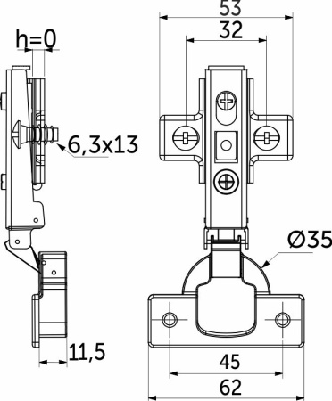 картинка Петля накладная с доводчиком 45мм h0 clip-on AKS (еврошурупы) от магазина SEFI