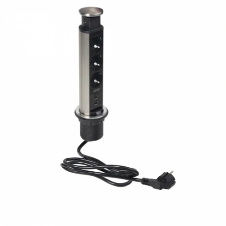 картинка Выдвижной удлинитель Vulcan USB, 60 мм 3 розетки 2 USB, крышка металл, шлиф. сталь, AKS от магазина SEFI