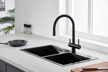 картинка Смеситель для кухни с гибким гусаком и подключением к фильтру, EMAR ЕС-3015, цвет Black от магазина SEFI