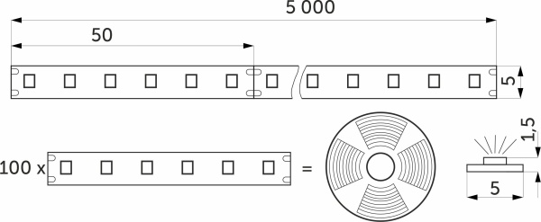 картинка Лента светодиодная - 9,6W/m, 24V, 5мм, 2835, 120 д/м, IP20, теплый белый (3000K), узкая - 5м, AKS от магазина SEFI