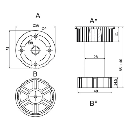 картинка Опора кухонная пласт. h100 трехсоставная с обрезанным верхом, черный (1уп=400шт) LEBA от магазина SEFI