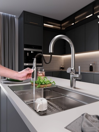 картинка Смеситель Oulin OL-8018 с дозатором моющего средства, выдвижным душом и подключением фильтрованной воды, цвет сатин от магазина SEFI