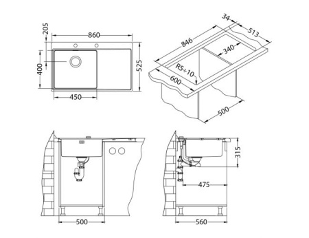 картинка Мойка PURE 50L KMB-90 860X525 левая в компл. с сифоном 1127252, от магазина SEFI