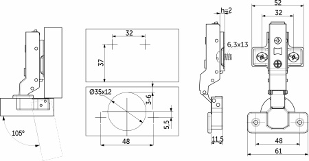 картинка Петля полунакладная с доводчиком 48мм h2 clip-on PRIME by AKS (еврошурупы, заглушки) (упак.-2шт.) от магазина SEFI