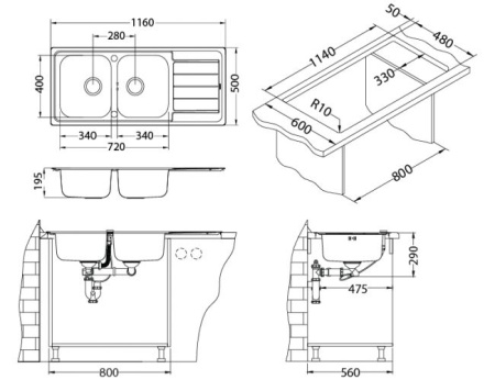 картинка Мойка Alveus LINE MAXIM 100 SAT 90 1165X505 FS в компл.с сифоном 1127257 от магазина SEFI