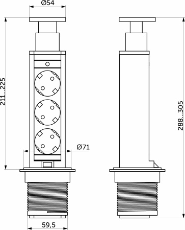 картинка Выдвижной удлинитель Vulcan, 60 мм 3 розетки, крышка пластик, цвет черный, AKS от магазина SEFI
