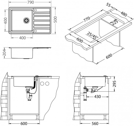 картинка Мойка RANDO 30 UP SAT-90 FS 790x500 в комплекте с сифоном  1123351 от магазина SEFI