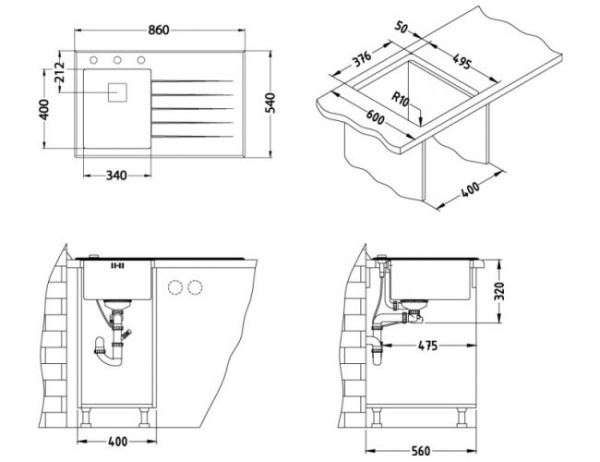 картинка Мойка CRYSTALIX 10 860X540 1X правая (белый) в компл с сиф.1133398,доз.1069687кол.1119835 от магазина SEFI