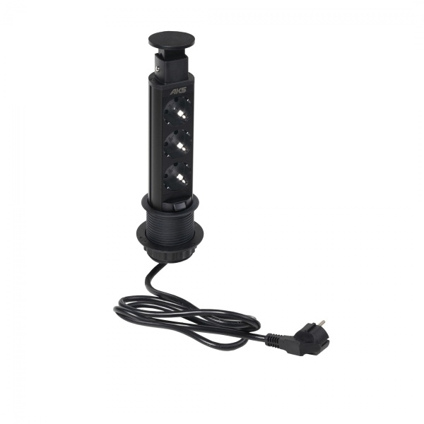 картинка Выдвижной удлинитель Vulcan, 60 мм 3 розетки, крышка пластик, цвет черный, тип 2, AKS от магазина SEFI