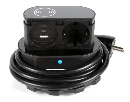 картинка Выдвижной блок: 1 электрическая розетка + беспроводная зарядка + 2 USB-зарядки Type A + TypeС HPF Piccolino, черное стекло (H-311252) от магазина SEFI