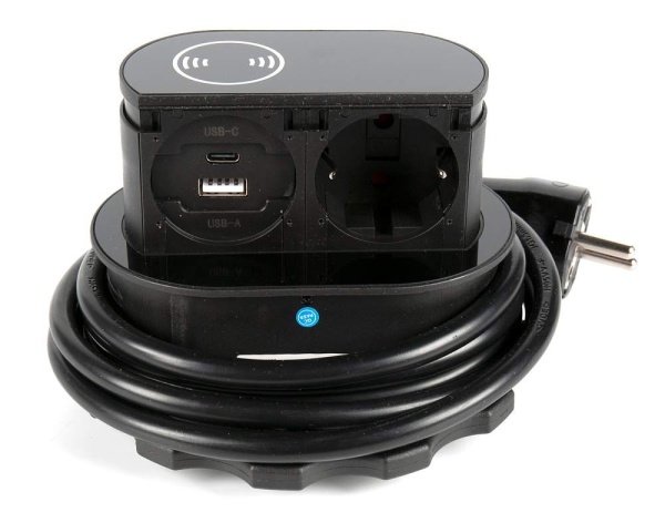 картинка Выдвижной блок: 1 электрическая розетка + беспроводная зарядка + 2 USB-зарядки Type A + TypeС HPF Piccolino, черное стекло (H-311252) от магазина SEFI