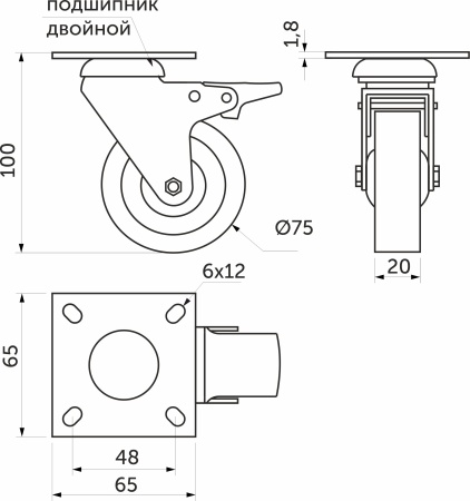 картинка Колесо меб. d75 h100 с площадкой с рез.ободом с торм., серый AKS от магазина SEFI