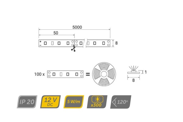 картинка Лента светодиодная - 5W/m, 8mm, 3528, IP20, 60д/м, теплый белый 3000К, 5м, HLT магазин SEFI являющийся официальным дистрибьютором в России  картинка Лента светодиодная - 5W/m, 8mm, 3528, IP20, 60д/м, теплый белый 3000К, 5м, HLT от магазина SEFI