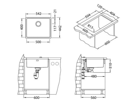 картинка Мойка KOMBINO 50 MONARCH ANTRACITE SAT-90 542X442X195 U  в компл. с выпуском без сифона, от магазина SEFI