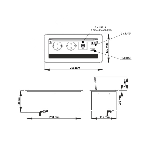 картинка Выдвижной удлинитель Atlas USB, 2 розетки, 2xUSB, HDMI, LAN, шлиф. сталь, AKS от магазина SEFI