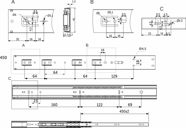 картинка Направляющая шариковая L-450 h=45 AKS PLUS SOFT CLOSE черный от магазина SEFI