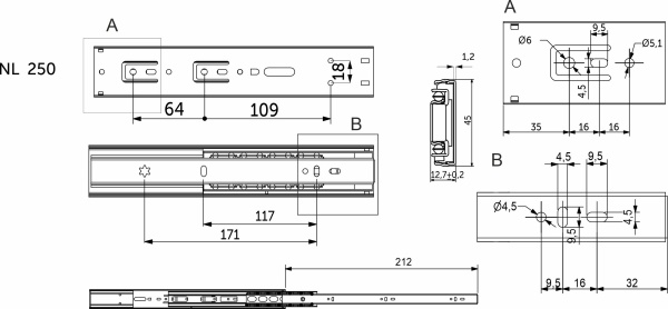 картинка Направляющая шариковая L-250 h=45 PRIME by AKS SOFT CLOSE A от магазина SEFI
