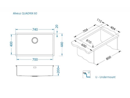 картинка Мойка Alveus QUADRIX MONARCH 60 NEW ANTHRACITE 740x400x200 в комплекте с выпуском без сифона от магазина SEFI